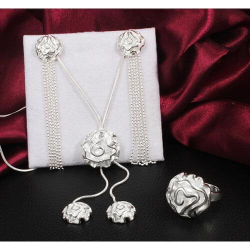 Charm 925 sterling Silver beautiful rose flower necklace earrings rings for women Jewelry set fashion Party wedding Holiday gift