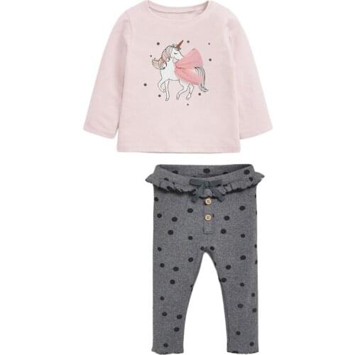 Baby Girls Fall Clothes Autumn Children Set Cotton Two Pieces Suit Toddler Girl Pink Unicorn Shirt + Dark Gray Dot Pants 2-7y