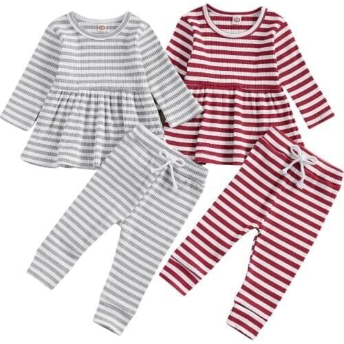 0-3Y Casual Kids Baby Girl Spring Clothing Pajama Sets Striped Print Knitted Long Sleeve Dress+Pants Long Trousers 2pcs Set