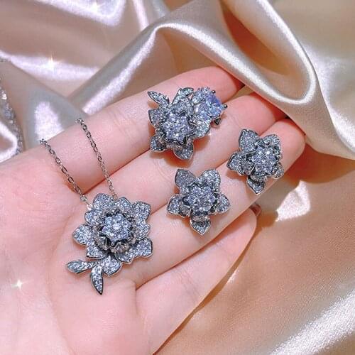 Luxury Bridal Jewelry Sets Women Flower Necklace Set Ring Earring Necklace 3-piece 3A Zircon 925 Sterling Silver Wedding Jewelry