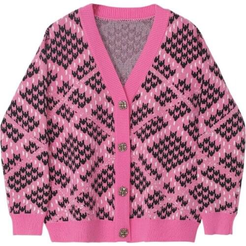 Luxury Autumn Winter Fashion Knitted Sweater Women Ladies Casual V-Neck Vintage Single Breasted Plaid Loose Knit Cardigan Tops