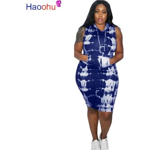 HAOOHU Sexy Plus Size Tie Dye Dress Loose Sleeveless Fall Women Clothes Fashion Vestido Hoodies Pocket Night Party Club Dresses