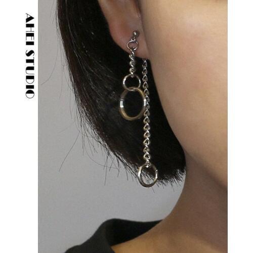 Street style geometric circle earring chain ring Long Earring Pendant asymmetric back hanging two simple female earrings earring