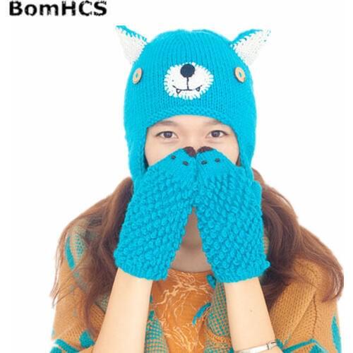 BomHCS Cute Bear Beanie + Hedgehog Gloves Handmade Knitted Winter Thick Beanie Cap Mittens Funny Gift