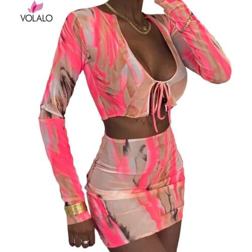 VOLALO Sexy Mesh See Though 2 Piece Outfits Full Sleeve Low-neck Bandage Sling Crop Top Mini Dress Matching Set Fashion Clubwear