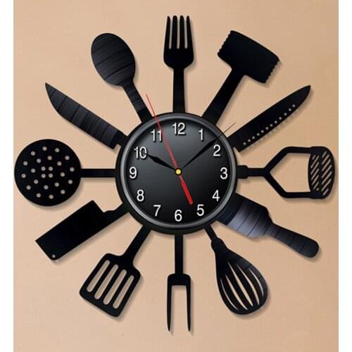 Cutlery Wall Clock Modern Design Spoon Fork Clock Kitchen Watch Vintage Retro Style Vinyl Record Wall Clocks Home Decor Silent