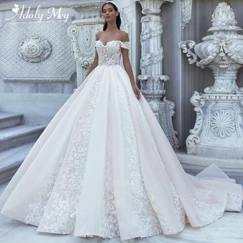 Adoly Mey Gorgeous Appliques Sweep Train A-Line Wedding Dress 2021 Luxury Flowers Beaded Boat Neck Princess Bride Gown Plus Size