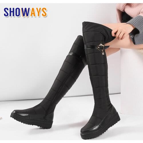 2021 Winter Women Thigh-high Snow Boots Genuine Leather Down Fur Crystal Buckle Wedge Platform Lady Over Knee Zipper Long Boots