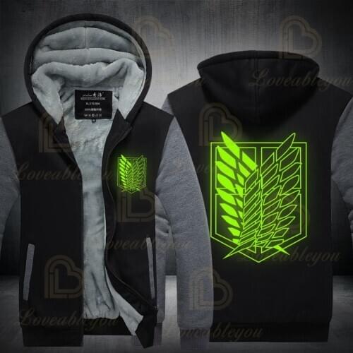 Sweatshirts Japan Anime Luminous Attack On Titan Print Men Hoodies Winter Thick Warm Zipper Hooded Coat Sweatshirts