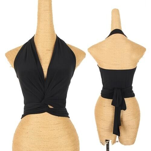 Latin Dance Tops Women Adult Sexy Black V-Neck Vest Female Bandage Latin Dance Practice Clothes Rumba Tango Dancewear DQL4579