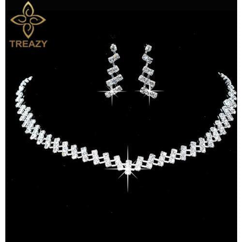 TREAZY Sparkly Silver Color Rhinestone Crystal Bridal Choker Necklace Earrings Women Wedding Jewelry Set Brides Wedding Jewelry