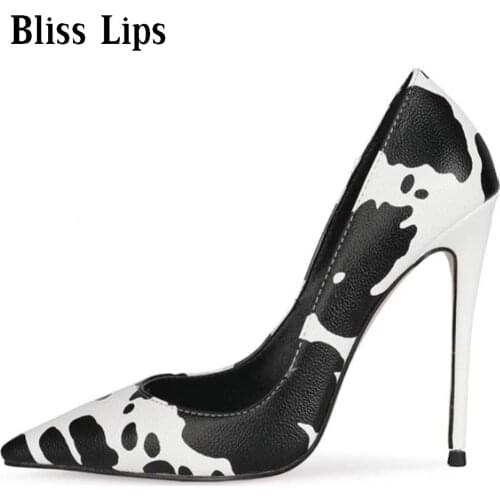 Fashion Sexy Womens Cow Pattern Painted High Heels Wedding Shallow Mouth Pointed Striped Shoes Triangle Pattern High Heels