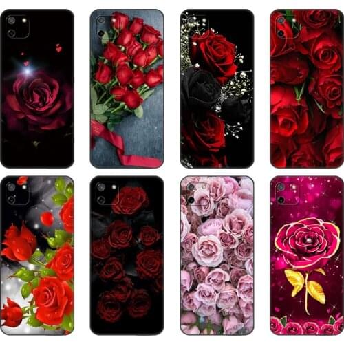 Black tpu Case For OPPO Realme C11 C20 C21 Case Back Cover Bumper red pink flowers