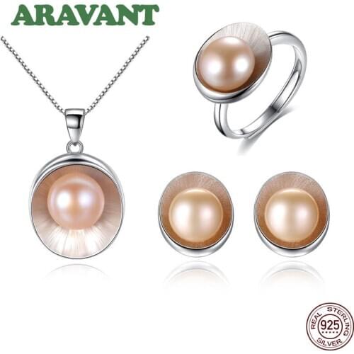 Pearl Jewelry Set For Women Silver 925 Earring Pendant Necklace Adjustable Ring For Women Wedding Jewelry