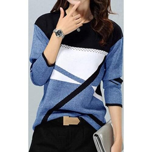 Geometric Print Fashion Patchwork Blouses Women Casual Round Neck Loose Shirt Pullover 2021 New Spring Autumn Elegant Lady Tops