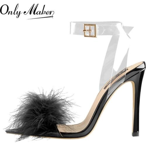 Onlymaker Fur Sandals Women Open Pointed Toe Clear Ankle Strap Sandals Slippers femme Evening Party Women Shoes Big Size US5-15