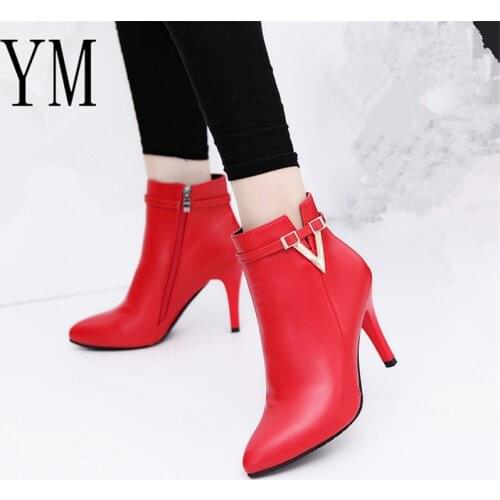 2018 Spring Autumn Stiletto Thin High Heels Pointed Toe Faux Leather Zipper Style Sexy Martin Boots Ankle Womens Boots