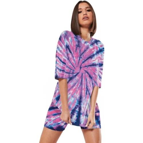 Womens Two-Piece Tie Dye Printed T-Shirt Set Casual Wear Sports Style Cycling Shorts