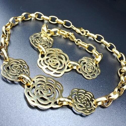 AMUMIU Women High Quality Flower Jewelry Set(45cm Necklace+21cm Bracelet) Hiphop Womans Stainless Steel for Trendy HZTZ031