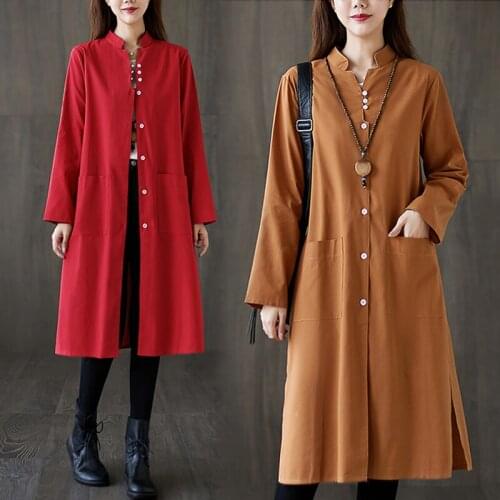 2021 Spring Windbreaker Womens New Vintage Loose Plus Size Top Mid-Length Cotton Linen Long Sleeve Shirt Dress Female Outerwear