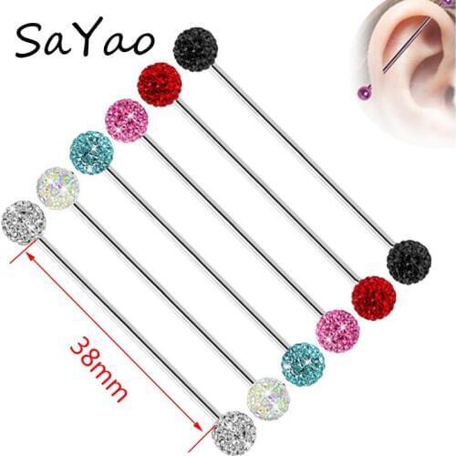 1Piece 14G 38mm Length Stainless Steel Long Industrial Barbell Full Crystal Ball Tragus Helix Ear Piercing Body Jewelry