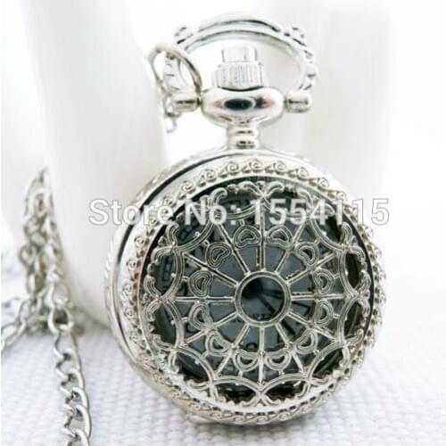 100pcs/lot Wholesale Pocket Watch New White Hollow Out Vintage Pocket Watch Necklace Web Spider Steampunk Chain Necklace