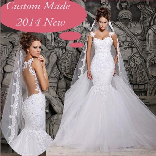 2019 Designers White Lace And See Through Mermaid Wedding Dresses With Removable Train Bridal Dresses Tulle QB-150