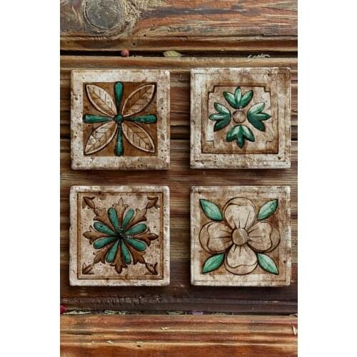 4 pcs natural real stone pad coasters flower pattern brown green printed 4lü set decoration design