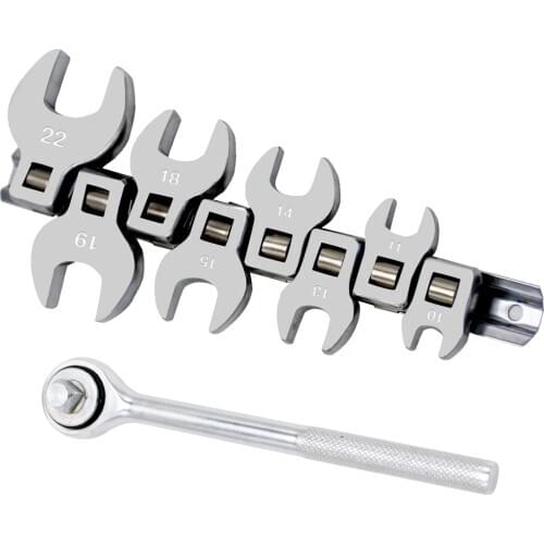 8 Piece 3/8 Inch Drive Crowfoot Wrench Set and 45 Teeth Ratchet Handle Metric/SAE