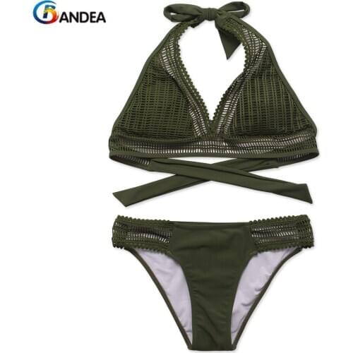 BANDEA brand bikini set women sexy halter top swimwear mesh hollow out swimsuit cross biquini padding maillot de bain HA556