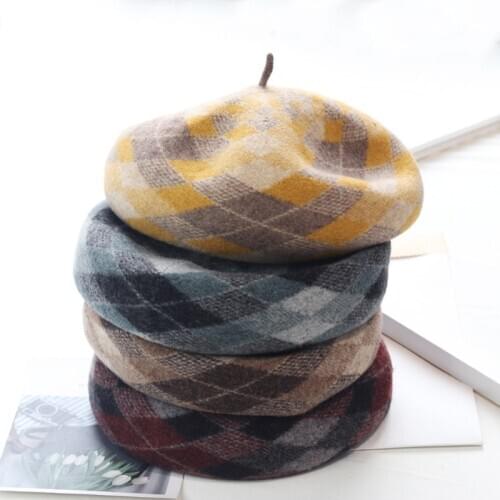 Beret Women Winter Hat Wool Plaid Warm Retro Snow Outdoor Accessory For Female
