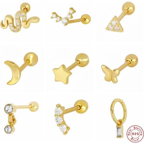 BOAKO 925 Sterling Silver Star Moon Butterfly Stud Earrings For Women White Cubic Zirconia Snake Triangle Piercing Ear Stud Gift