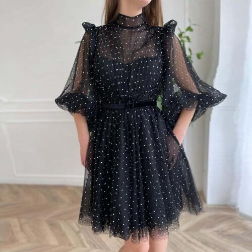 Black Sweet Elegant Graduation Dresses Spot Tulle A-line High Neck Half Sleeves Knee Length Girls Short Homecoming Party Gowns