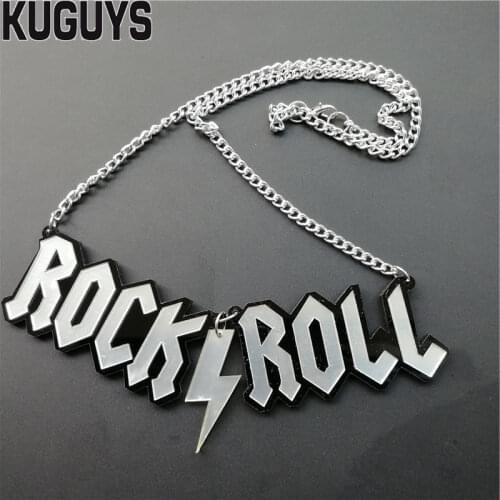 KUGUYS ROCK ROLL Pendant Necklace for Women and Men HipHop Punk Acrylic Letter Jewelry Accessories Sweater Chain