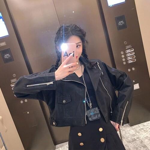 Korean Short Loose Rose red Black Beige Women Faux Leather Jacket Streetwear Long sleeve Casual PU Motorcycle Jackets Female