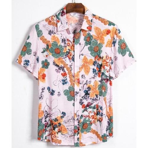 2021 Summer Fashion Beach Shirt Floral Print Breathable Men Short Sleeve Lapel Turndown Collar Top Buttons for Beach Party