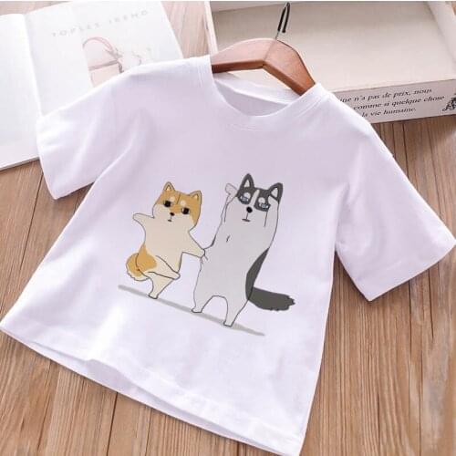 New Online Kids Shirts Funny Dog Cat Cat Listening Music Kawaii Girl Boys Tshirts Round Neck Design Simple White Toddler Shirt