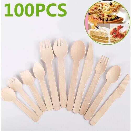 100Pcs Disposable Prong Spoon Knife Straw with Brush Wooden Fork Compostable Forks Bamboo Plates Party Picnic Kitchen Christmas