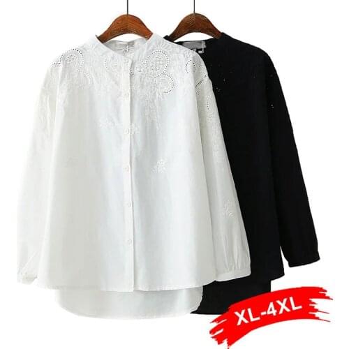 Plus Size Hollow Out Embroidery Asymmetric White Cotton Blouse 4xl Vintage Button Up Long Sleeve Casual Shirt Ins Chi Tops Blusa
