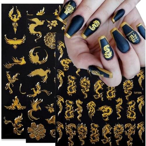 Self Adhesive Nail Art Stickers Laser Gold Dragon Colorful Phoenix Pattern 3D Nail Stickers Manicure Decals Nail Art Decoration