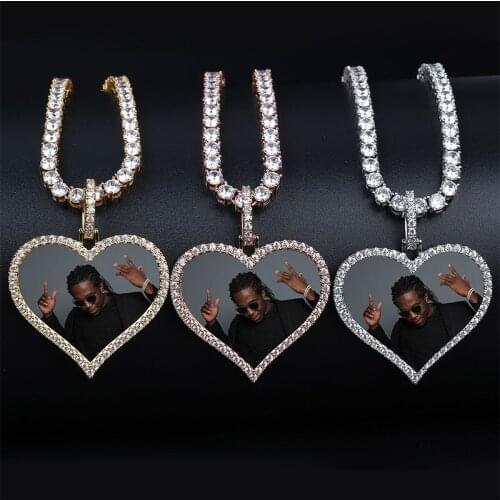 Heart Shape Custom Photo Frame Memory Medallions Pendants Necklace AAA CZ Stone Bling Iced Out Men Hip Hop Rapper Jewelry Gold