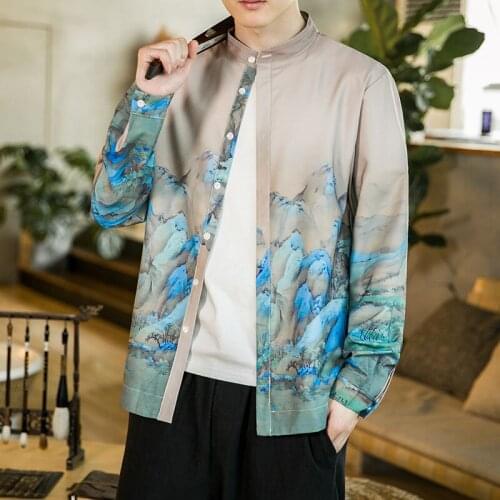 MrGB Vintage Casual Long Sleeve Men Shirt High Quality Chinese LandScape Painting Printed Male Shirts Fashion Classic Tops Man