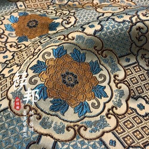 Yellow Peony Circle Jacquard Silk fabric brocade Satin fabric for COSPLAY/Kimono/Mongolia clothing/Stage suit 1 order=1meter