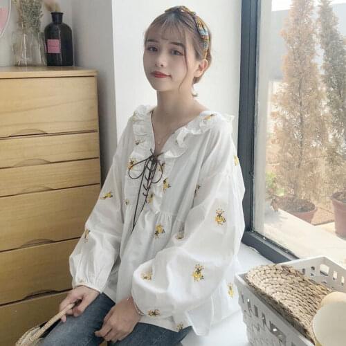 Women Blouse Embroidered Blouse Womens Autumn Loose V-neck White Shirt Blusas Mujer De Moda