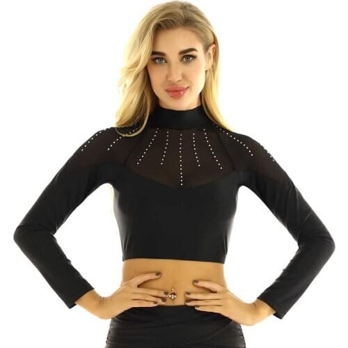 TiaoBug Women Shiny Rhinestones Mesh Splice Long Sleeves Crop Top Ballet Dancewear Gymnastics Tops Stage Performance Costume