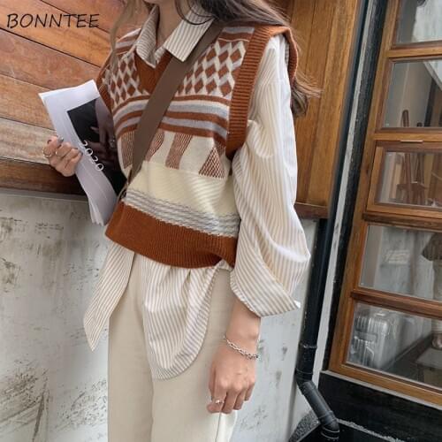 Sweater Vest Women Retro V-neck Autumn New Arrival Teens Sleeveless Knitwear Soft Spring Harajuku College Vintage Patchwork Chic