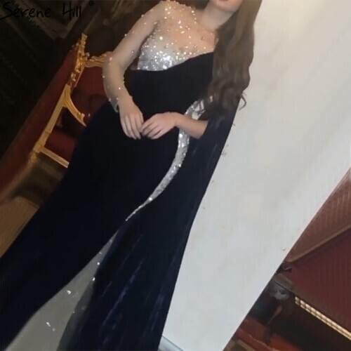 Serene Hill Navy Blue Satin Mermaid Elegant One Shoulder Beading Sexy Evening Dresses For Women Party 2021 LA70989