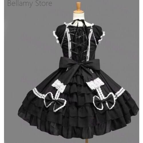 Womens Black Retro Gothic Victorian bow decorated lace Lolita Dress