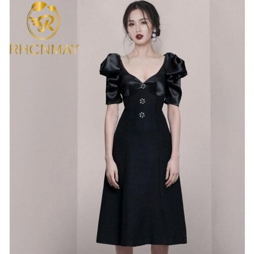 2021 New Arrival Black Short Sleeve Women Summer Dress Sexy Puff Sleeve V Neck Buttons A Line Elegant Runway Maxi Party Dress