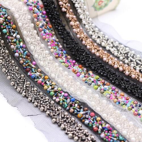 1Yard 1.5cm Champagne Beading Pearl Trims Beaded Ribbon For Sewing Clothing Collar Headdress Accessories Wedding Lace Decoration